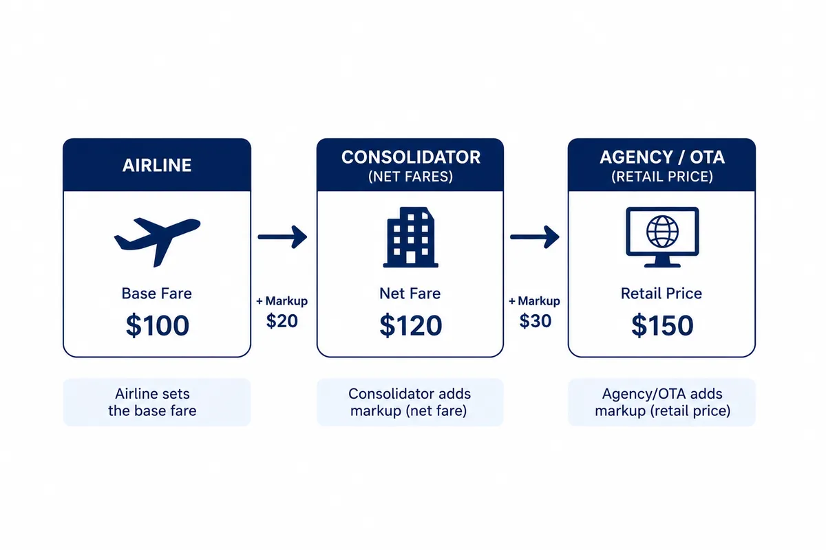 Diagram showing airline base fare marked up to a consolidator net fare, then marked up again to the agency or OTA retail price