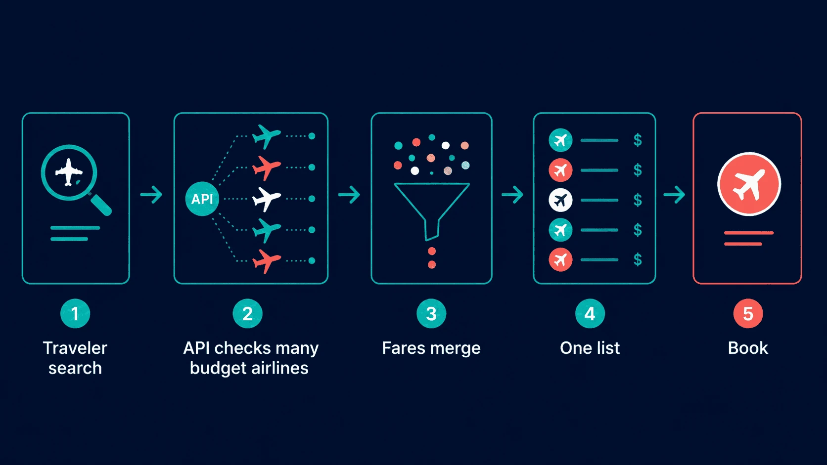 Low-cost carrier API flow: search, check many budget airlines, merge fares, one list, book