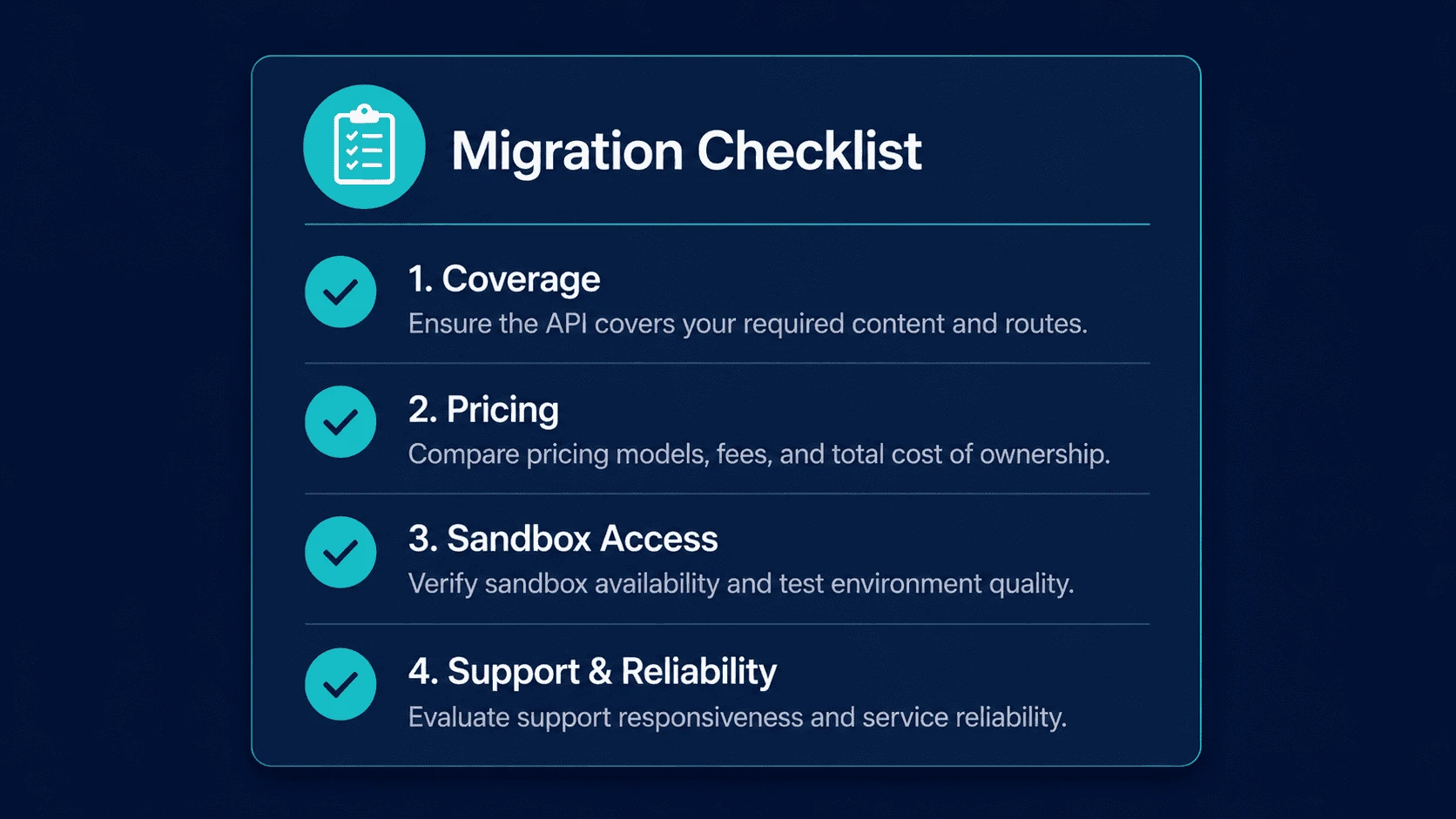 Migration checklist: coverage, pricing, sandbox, and support