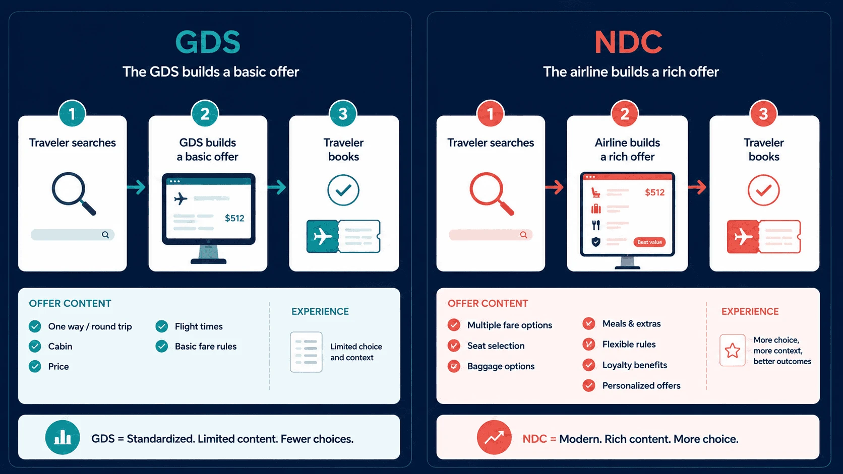 NDC vs GDS comparison: the GDS builds a basic offer while the airline builds a rich NDC offer with seats, bags, and meals