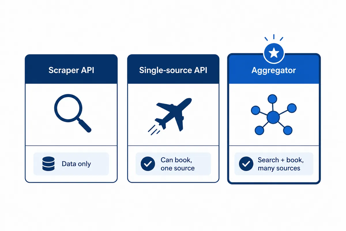 Comparison of a scraper API, a single-source booking API, and a multi-supplier aggregator as Google Flights API alternatives