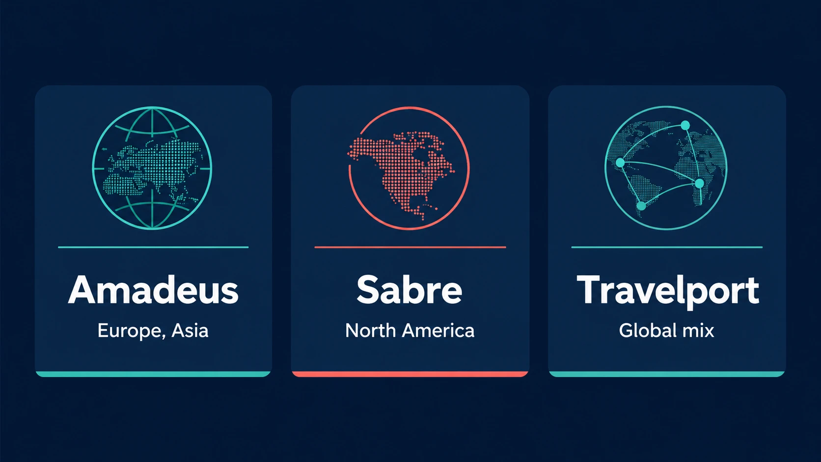 Three big GDS systems: Amadeus in Europe and Asia, Sabre in North America, Travelport global mix