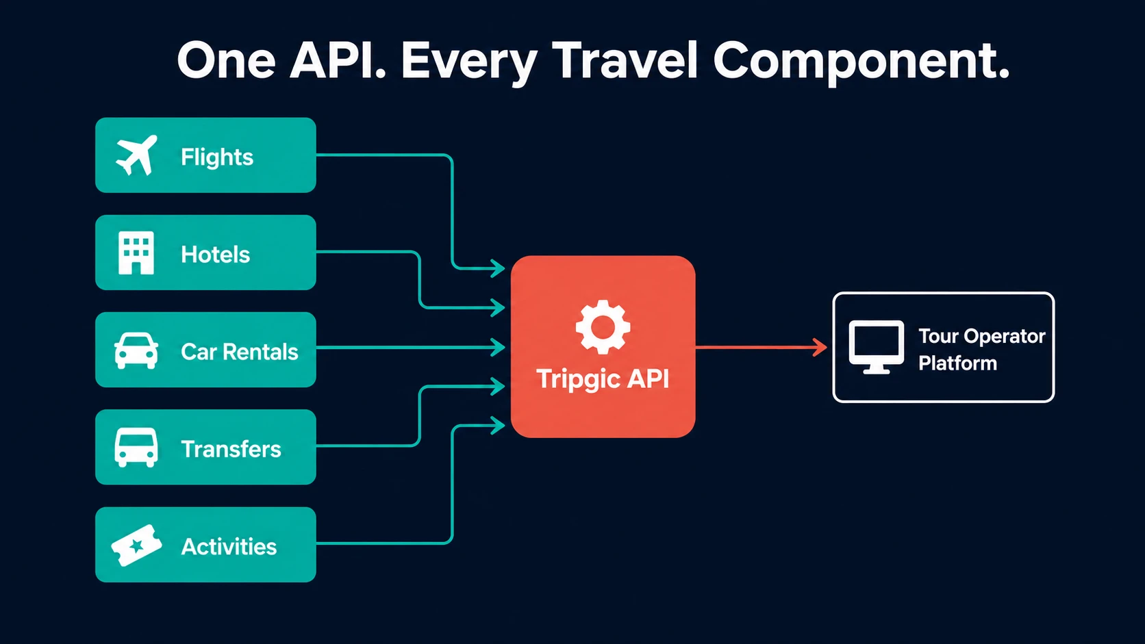 Travel API for tour operators showing one API connecting to flights, hotels, car rentals, transfers, and activities
