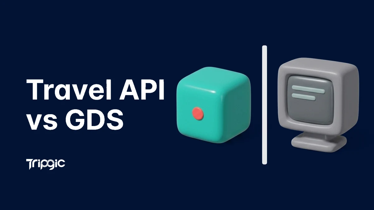 Travel API vs GDS comparison — a modern travel API on one side and a traditional GDS terminal on the other, connected to flight and hotel symbols