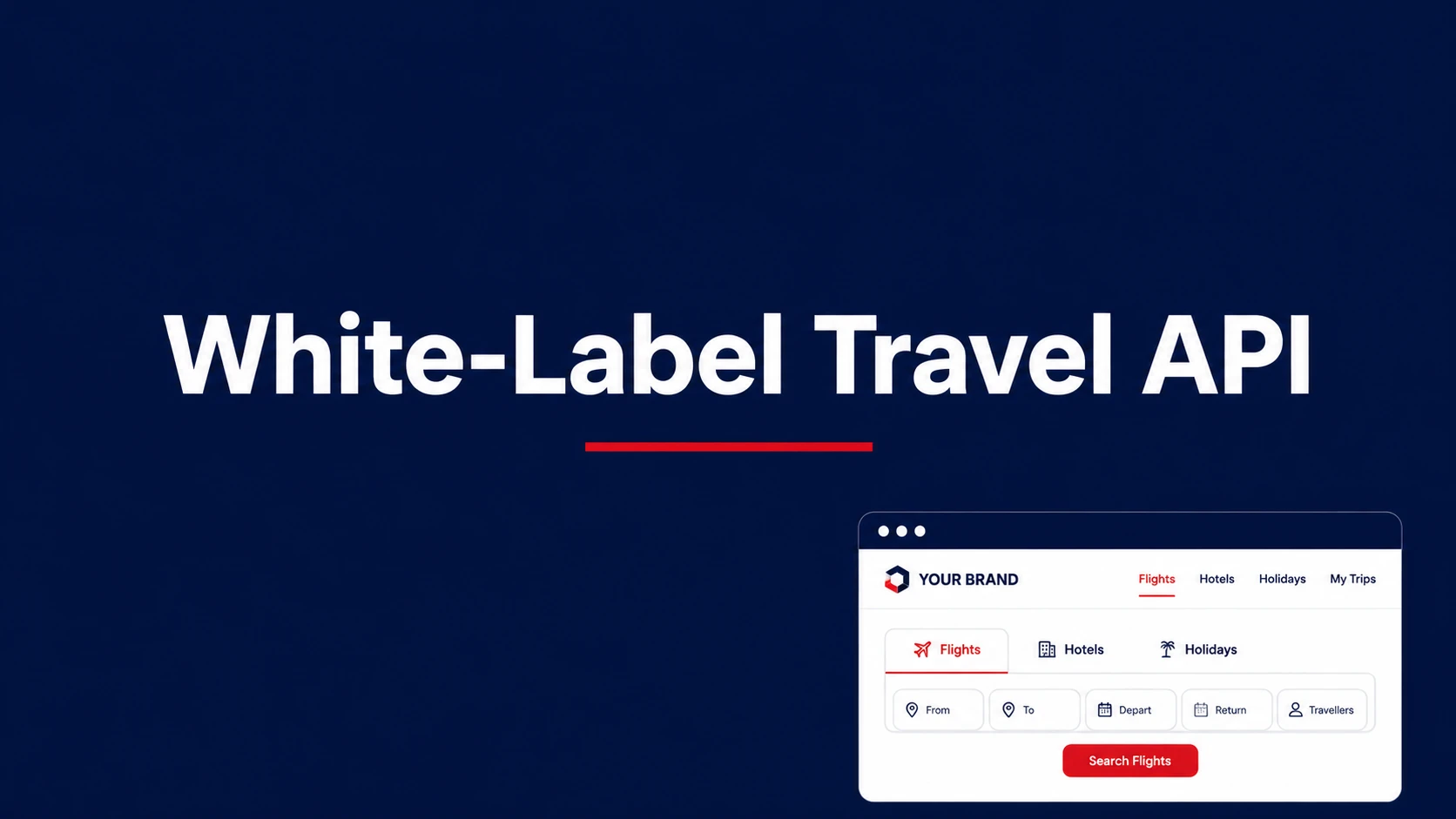 White-label travel API platform flow: supplier inventory through API layer to branded booking platform