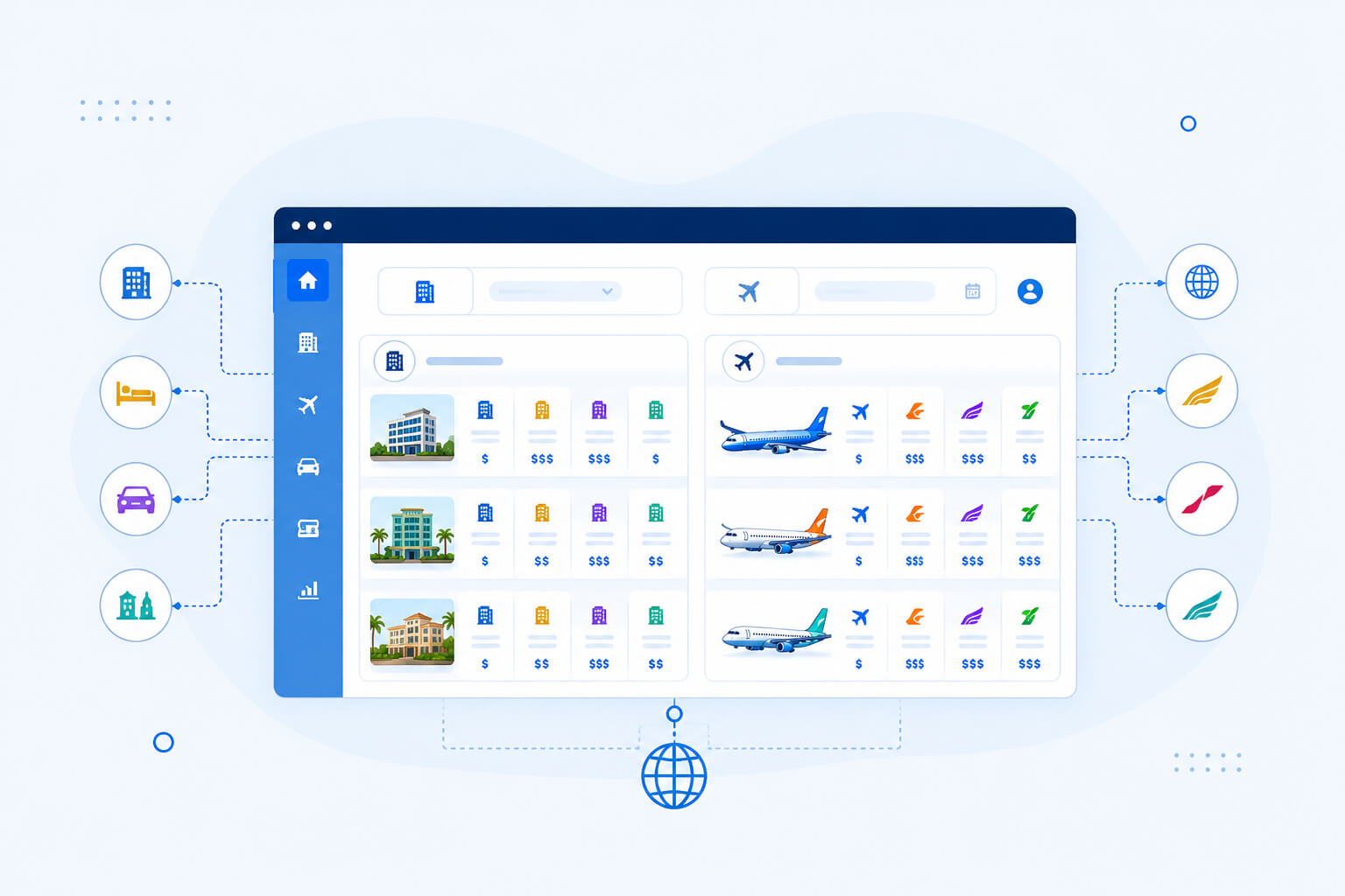 Booking extranet dashboard showing hotel and flight rates from multiple suppliers in one B2B portal