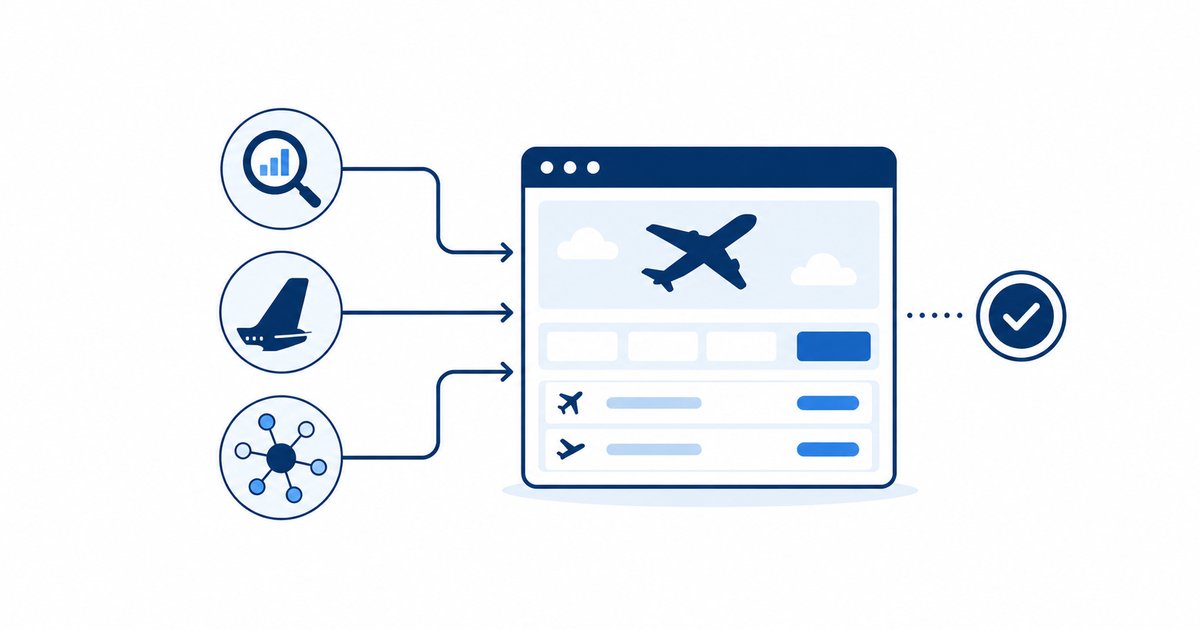 Multiple flight data sources feeding into one booking platform through a travel API aggregator, an alternative to the Google Flights API