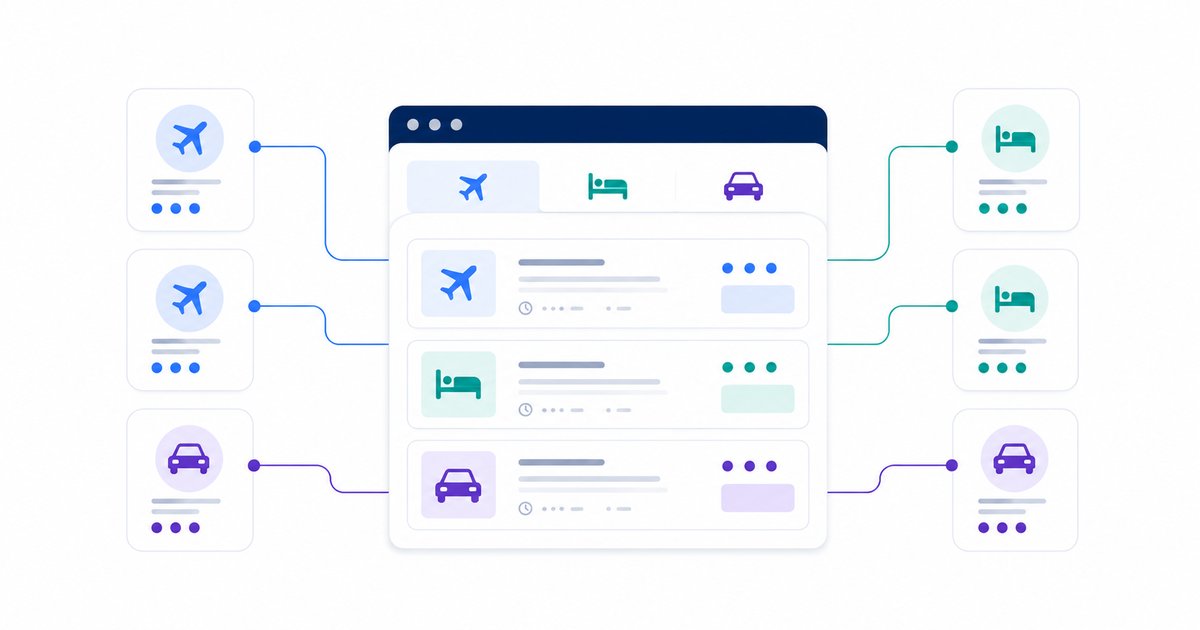 Travel metasearch engine comparing flight, hotel, and car rental prices from multiple suppliers in one interface